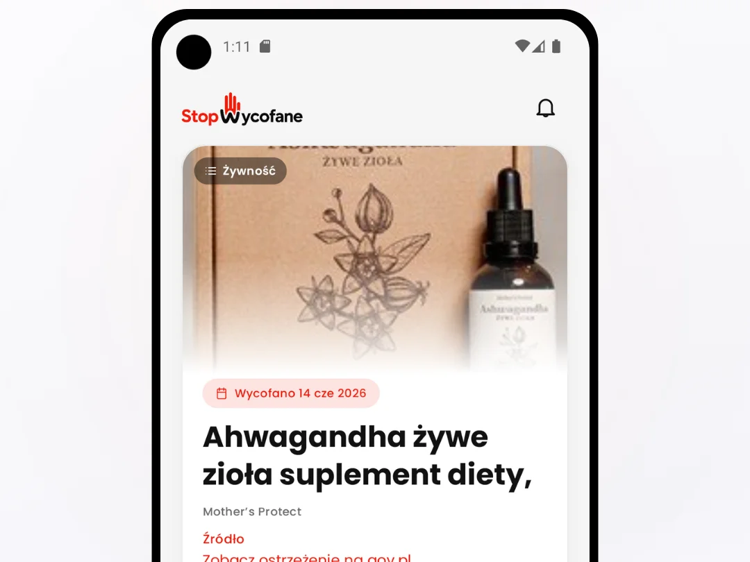 StopWycofane — aplikacja monitorująca wycofane produkty z GIS i GIF, ekran główny z najnowszym wycofaniem